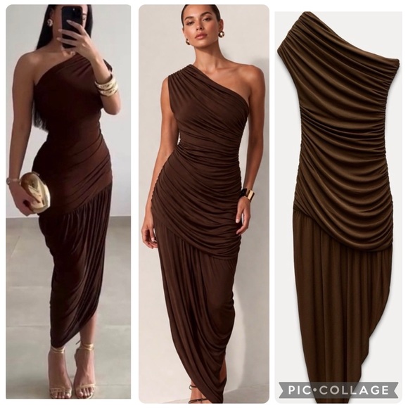 Zara Dresses & Skirts - ZARA Chocolate Brown One Shoulder Ruched Dress Draped Asymmetric Midi Sexy BNWT
